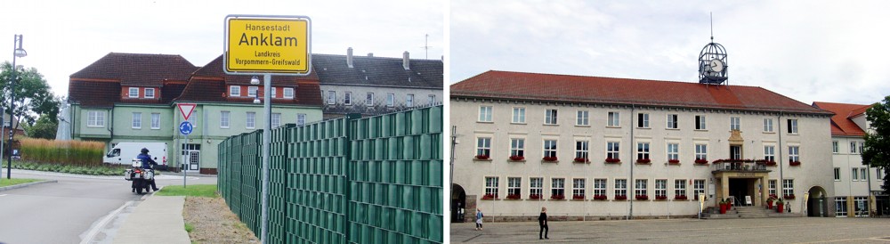 Ortsschild und Rathaus in Anklam