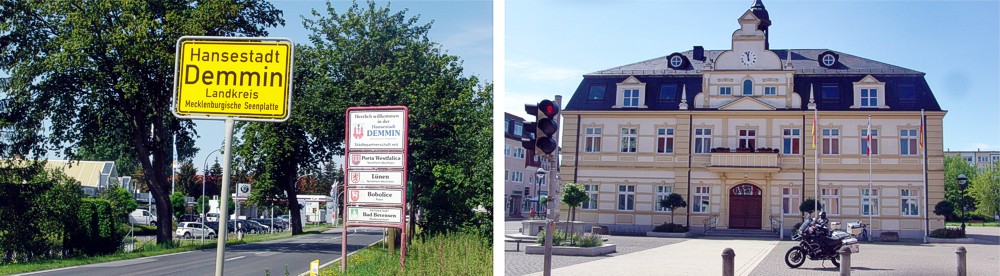 Ortsschild und Rathaus Demmin