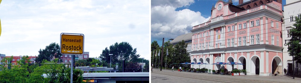 Ortsschild und Rathaus in Rostock