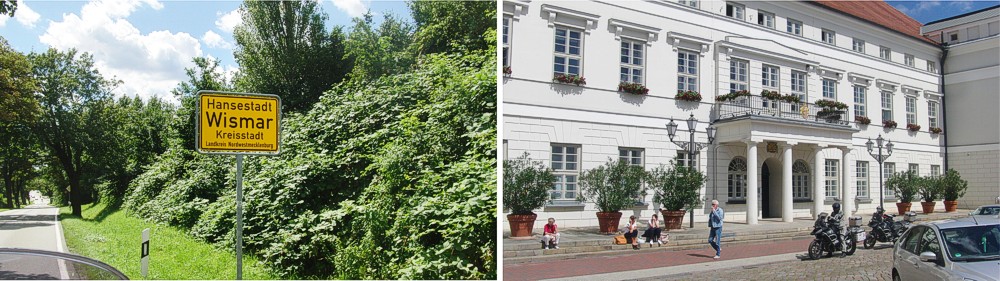 Ortsschild und Rathaus in Wismar